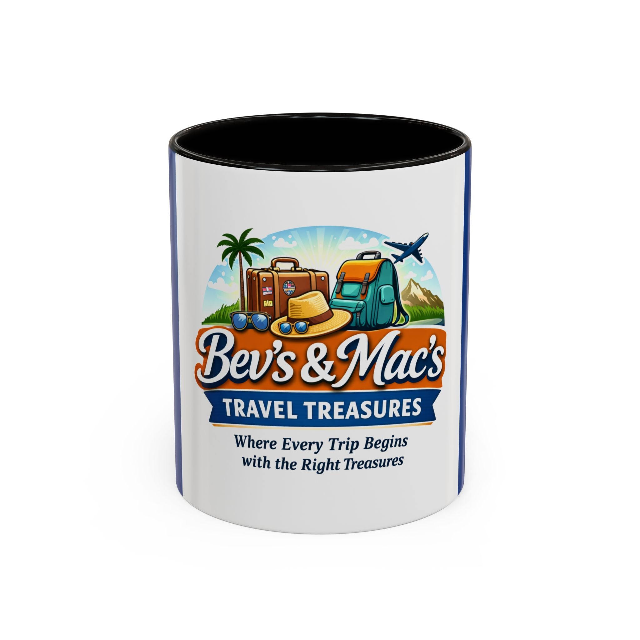 Travel Logo Mug — "Bev's & Mac's Travel Treasures" 11oz/15oz Colorful Ceramic Coffee Cup