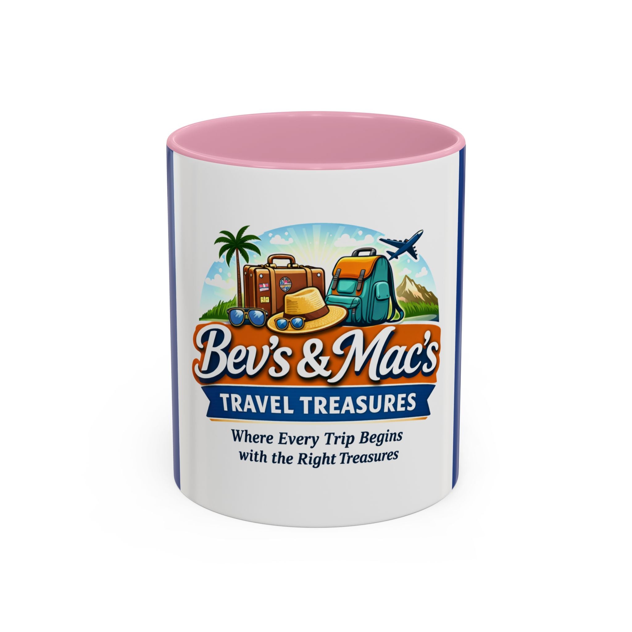 Travel Logo Mug — "Bev's & Mac's Travel Treasures" 11oz/15oz Colorful Ceramic Coffee Cup