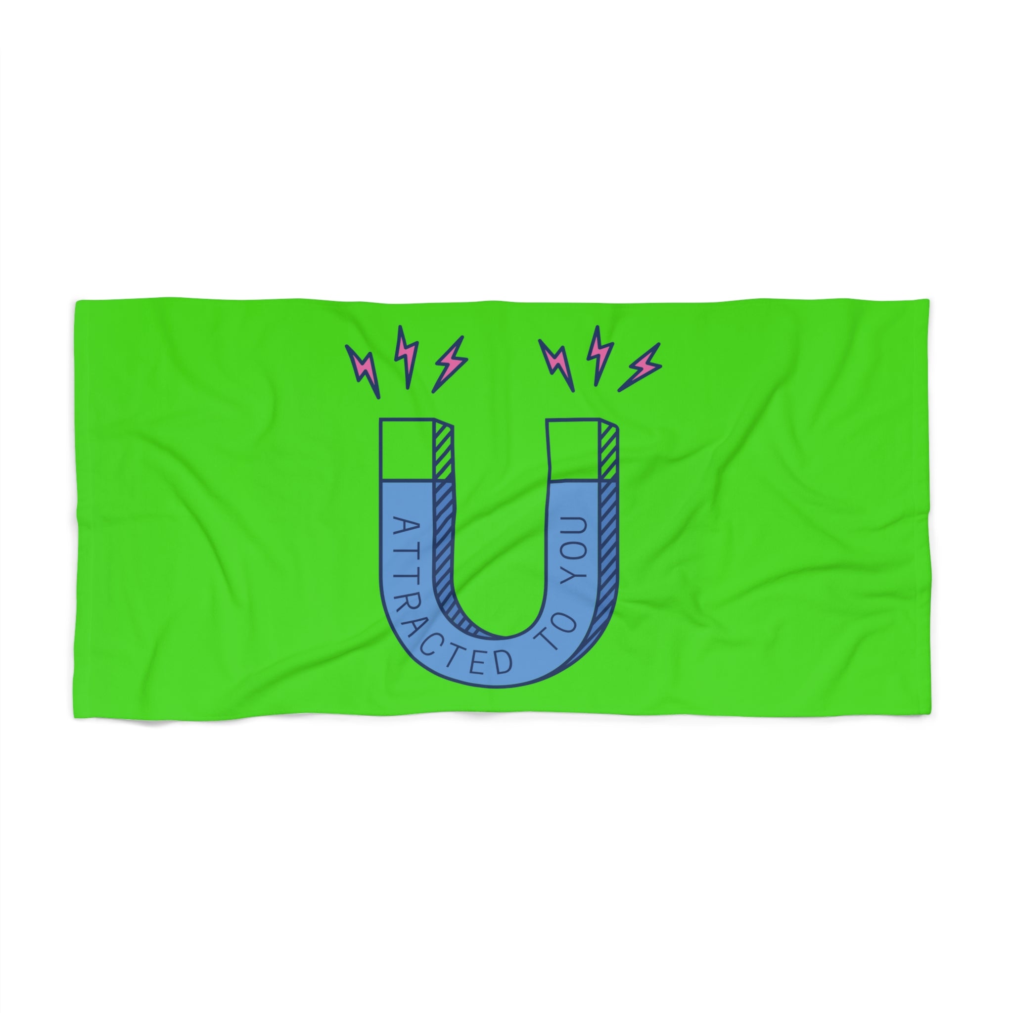 Beach Towel — "Attracted to You" Horseshoe Magnet Design (Neon Green)