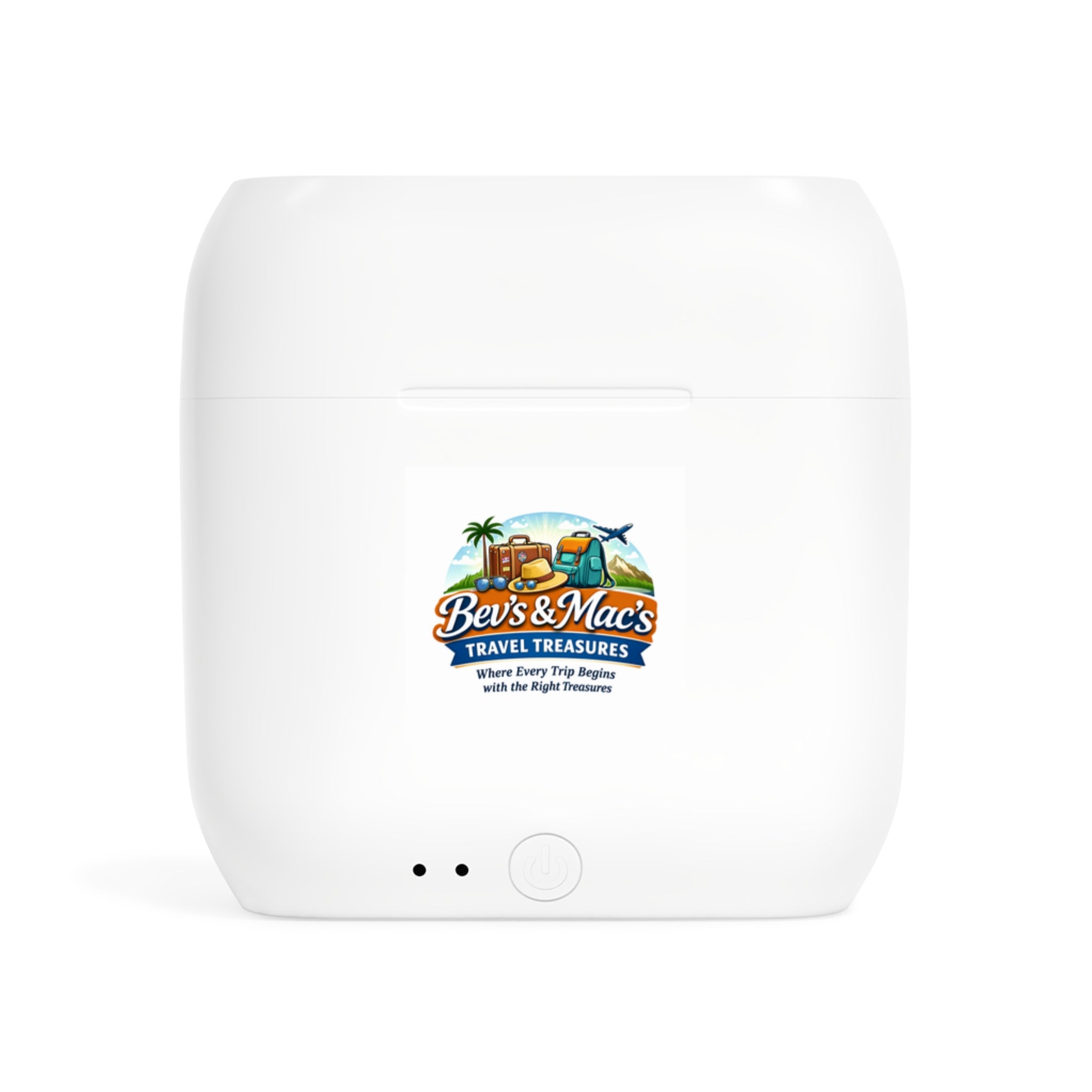 Wireless Earbuds with 'Bev's & Mac's Travel Treasures' Logo — Compact Charging Case