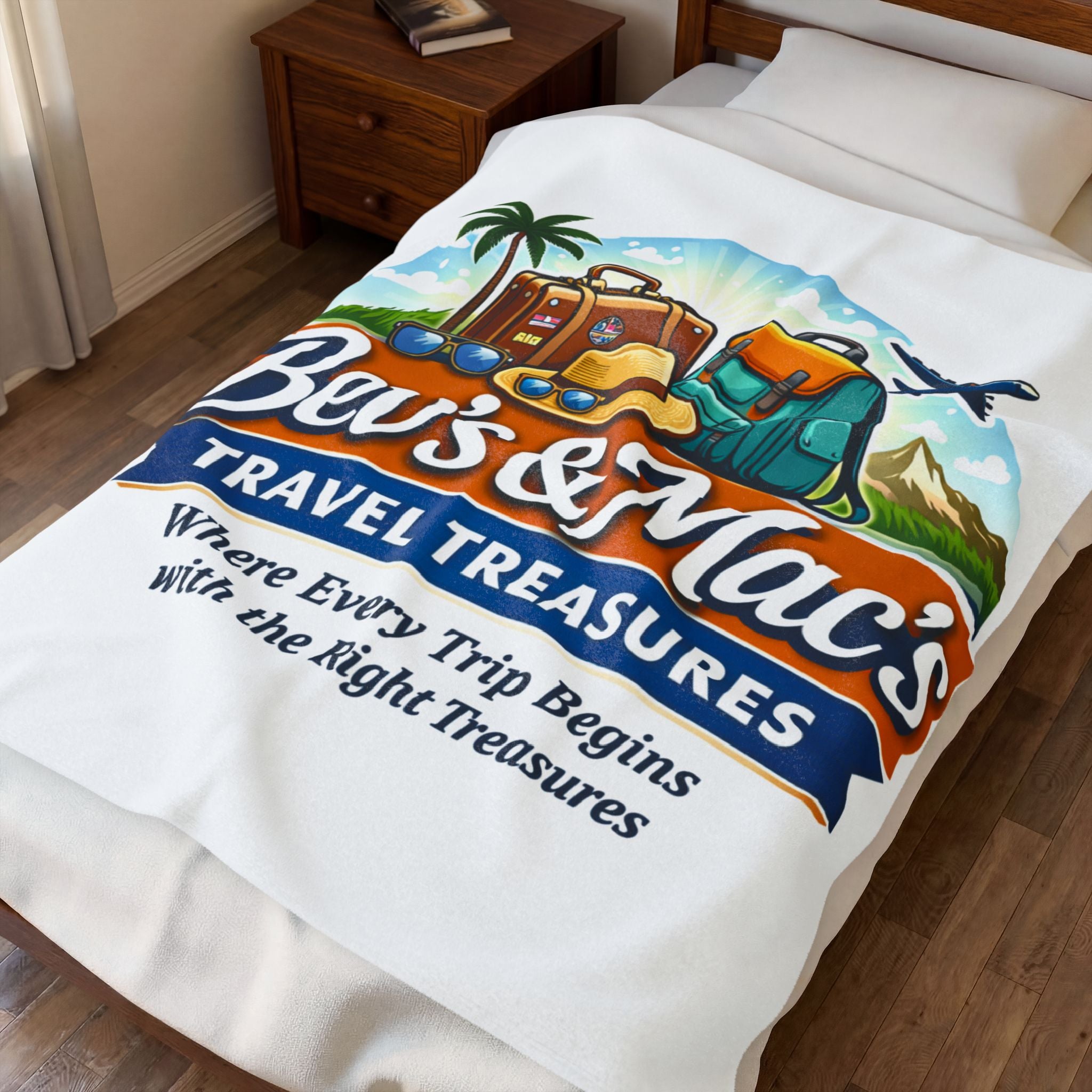 Travel Treasures Velveteen Plush Blanket — "Bev's & Mac's" Cozy Travel Logo Throw