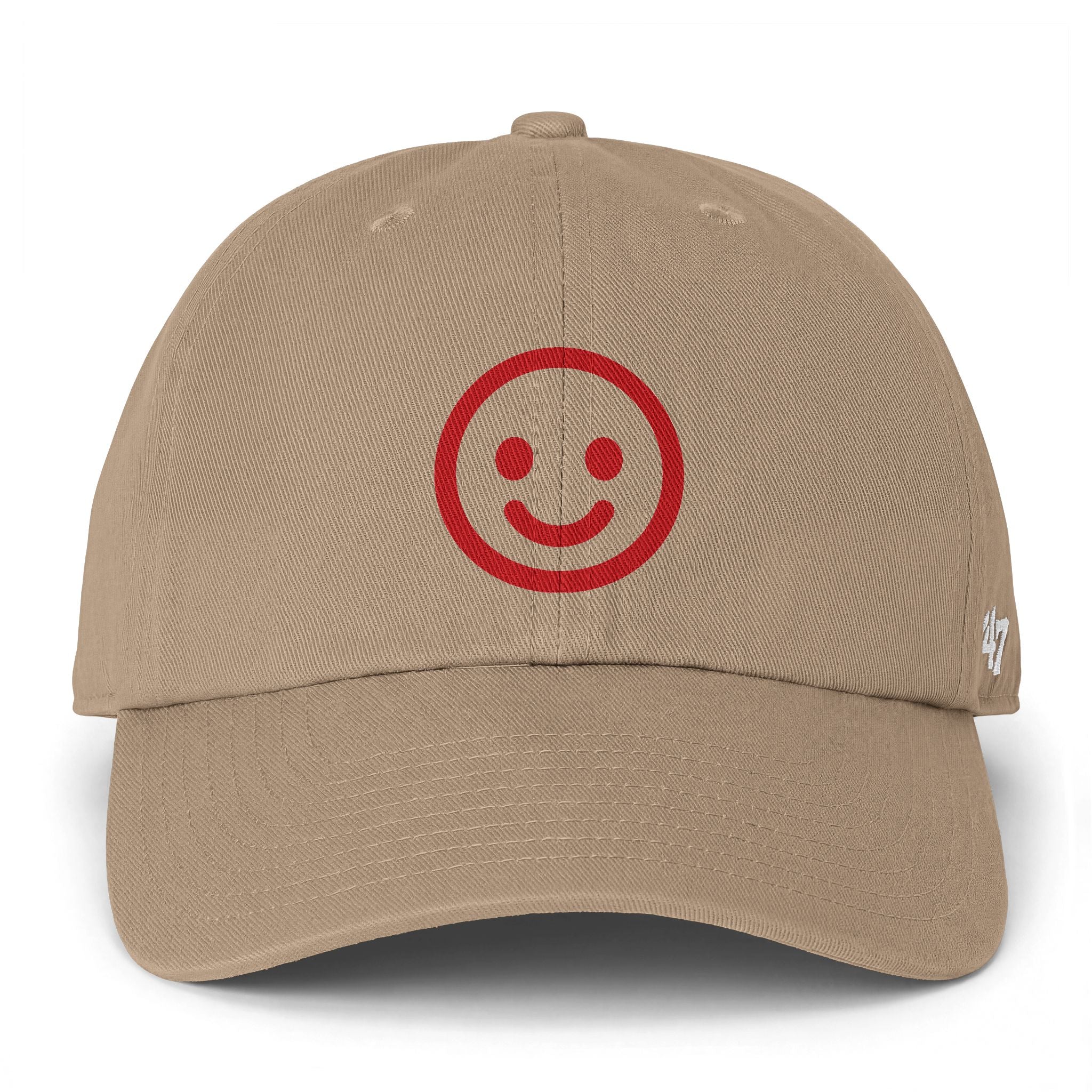 Smiley Face Cap — Red Embroidered Rustic Dad Hat