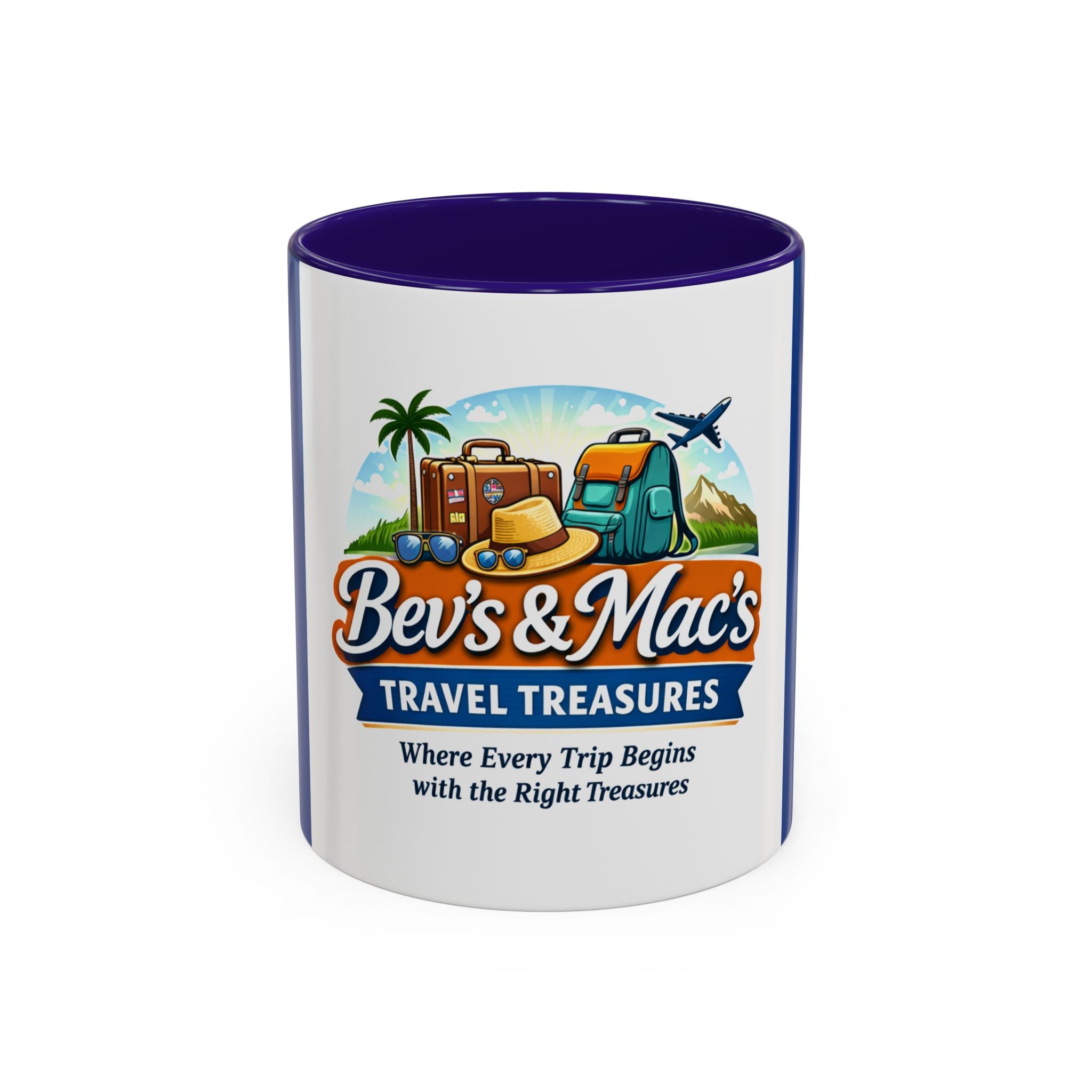 Travel Logo Mug — "Bev's & Mac's Travel Treasures" 11oz/15oz Colorful Ceramic Coffee Cup