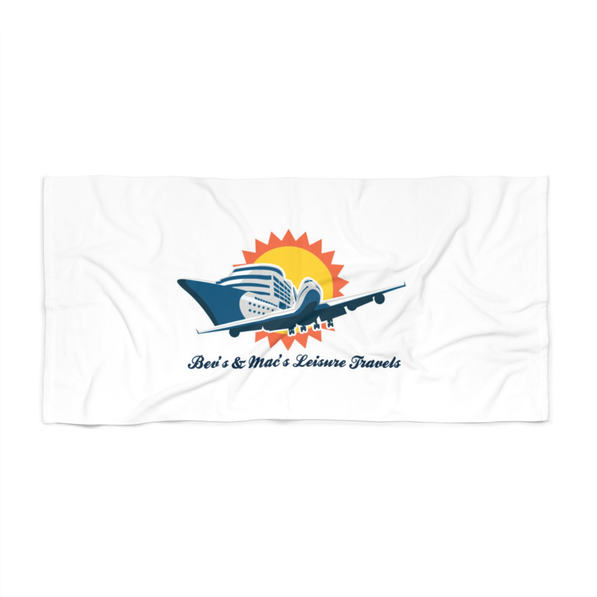 Travel Beach Towel — Retro Plane & Sun Logo (Bev’s & Mac’s Leisure Travels)