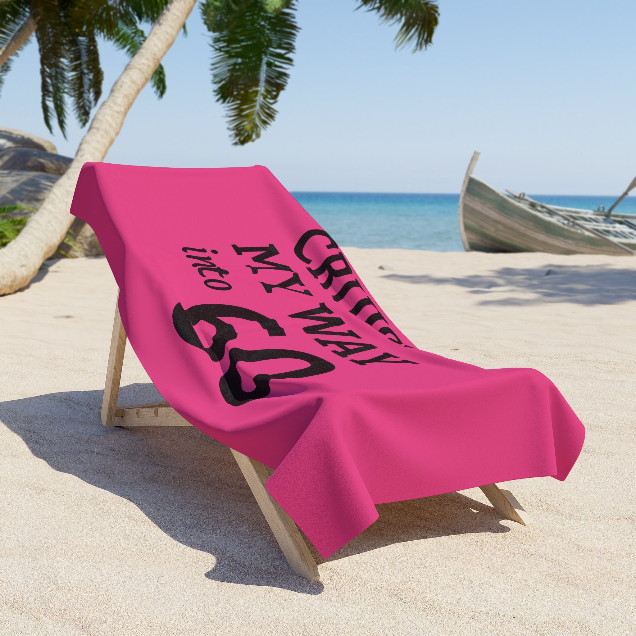 Cruisin' My Way into 60 Beach Towel — Funny 60th Birthday Pink Towel