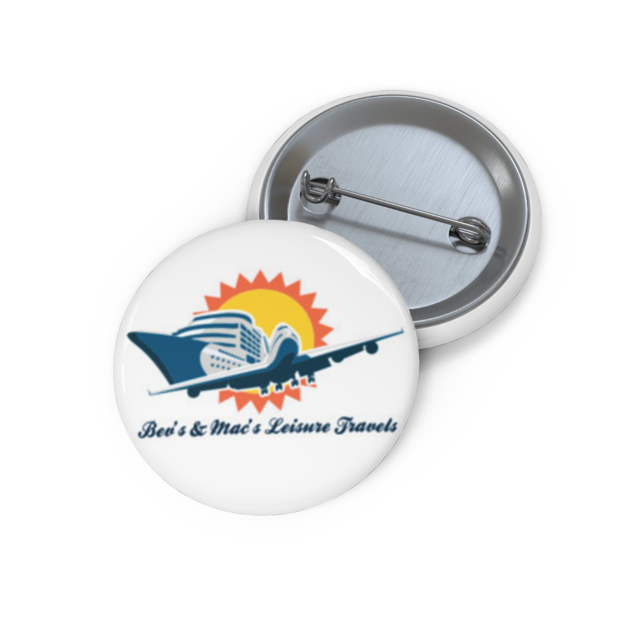 Travel Logo Pin Button — 'Bea's & Mac's Leisure Travels' Round Custom Badge