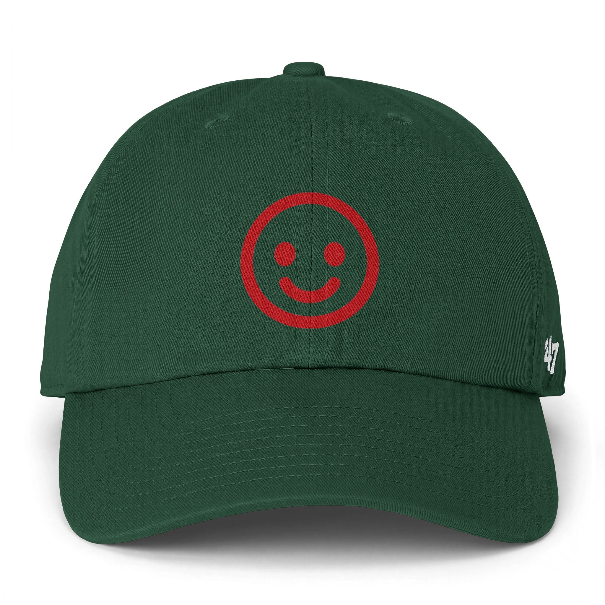 Smiley Face Cap — Red Embroidered Rustic Dad Hat