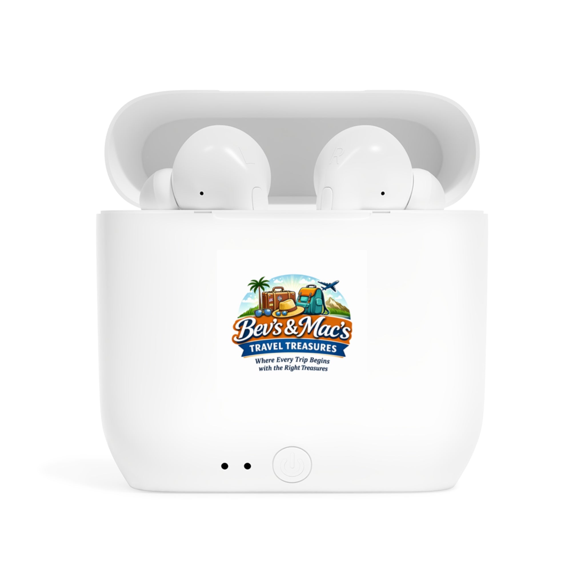 Wireless Earbuds with 'Bev's & Mac's Travel Treasures' Logo — Compact Charging Case