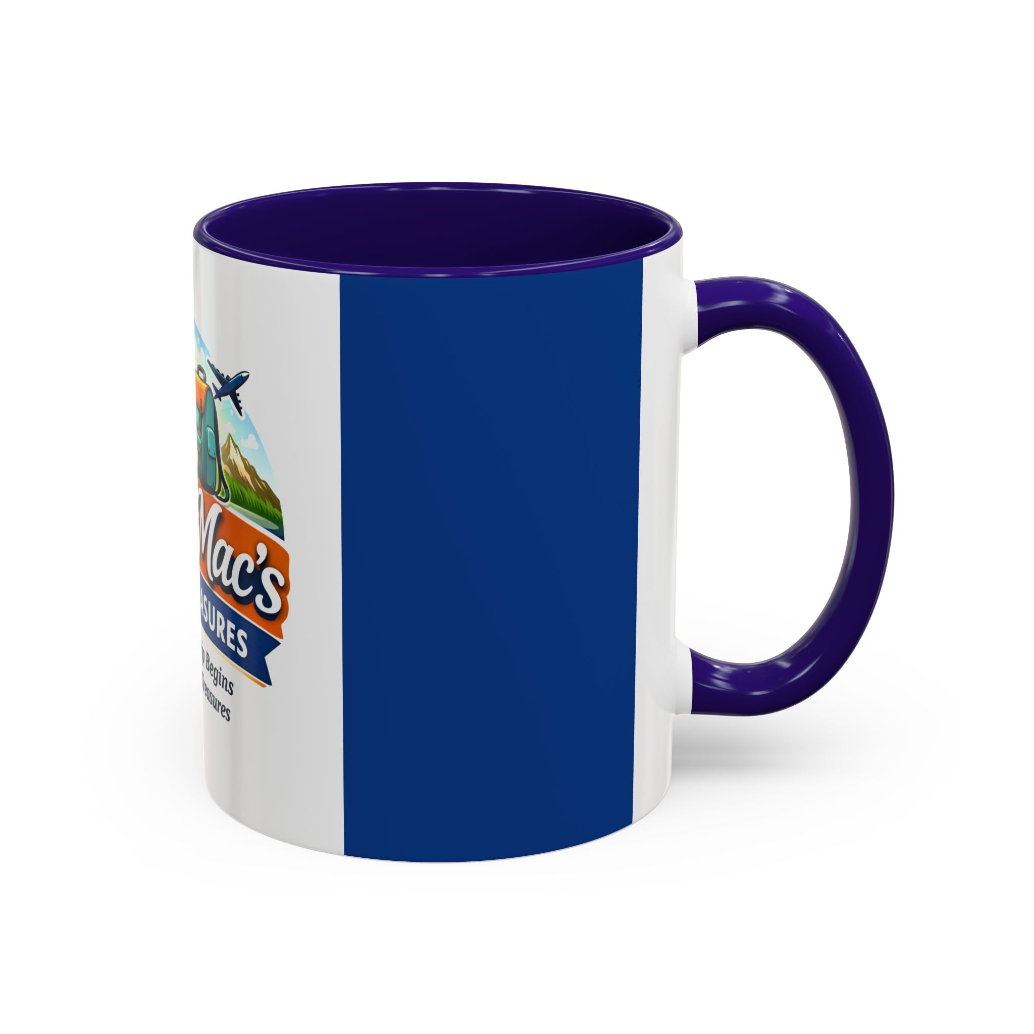 Travel Logo Mug — "Bev's & Mac's Travel Treasures" 11oz/15oz Colorful Ceramic Coffee Cup