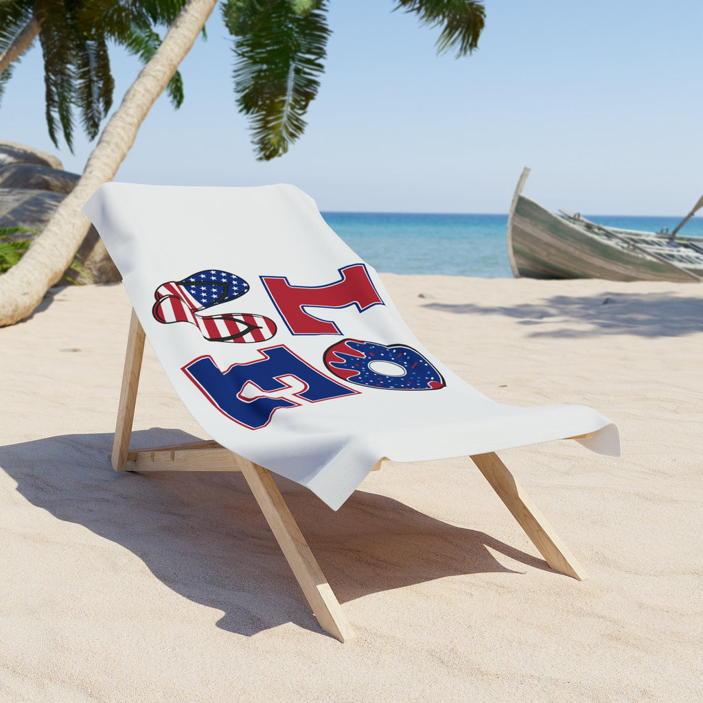 Patriotic "LOVE" Beach Towel – American Flag Flip-Flop & Donut Design