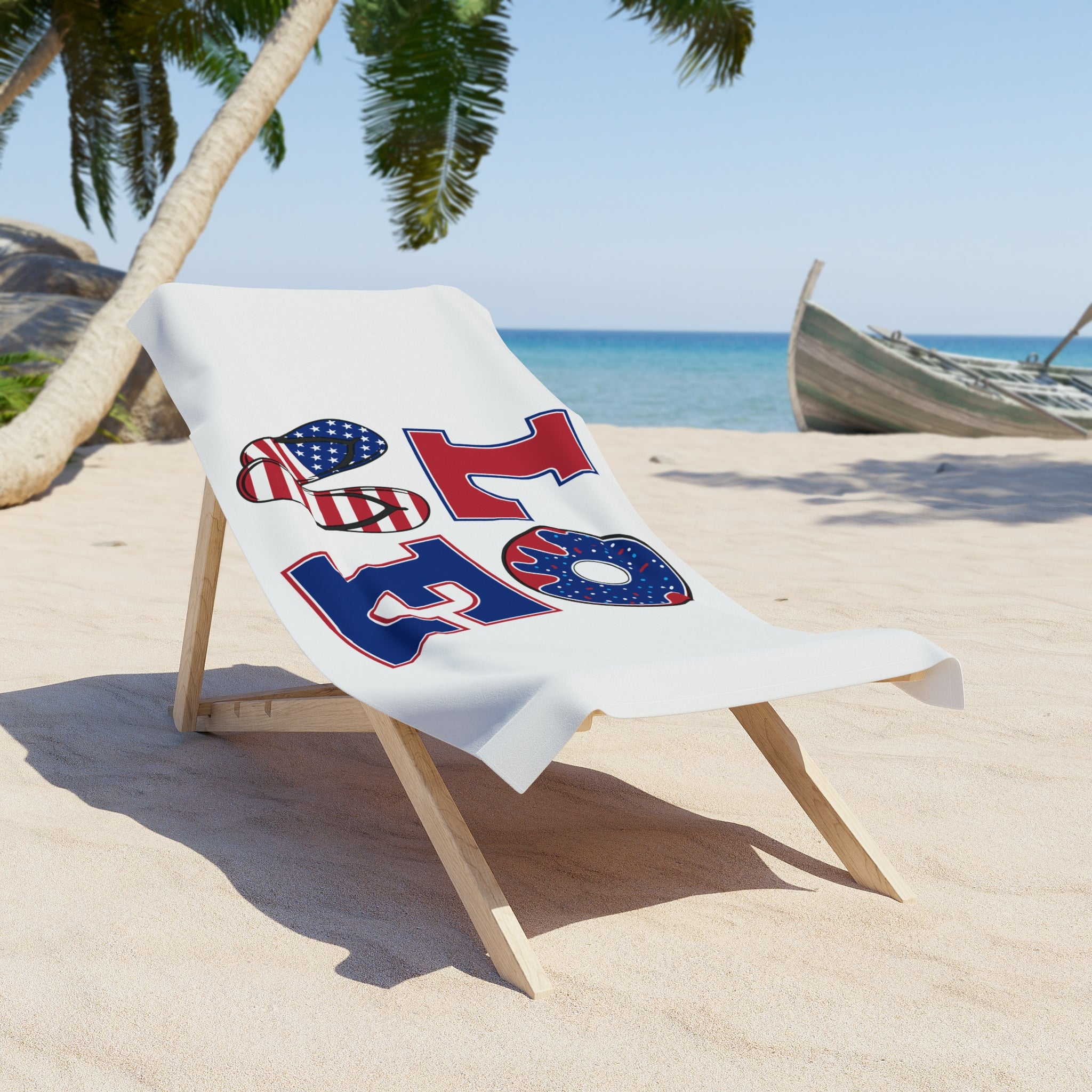 Patriotic "LOVE" Beach Towel – American Flag Flip-Flop & Donut Design