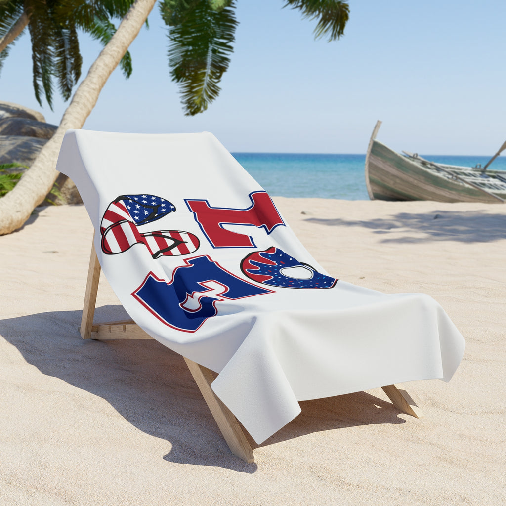 Patriotic "LOVE" Beach Towel – American Flag Flip-Flop & Donut Design