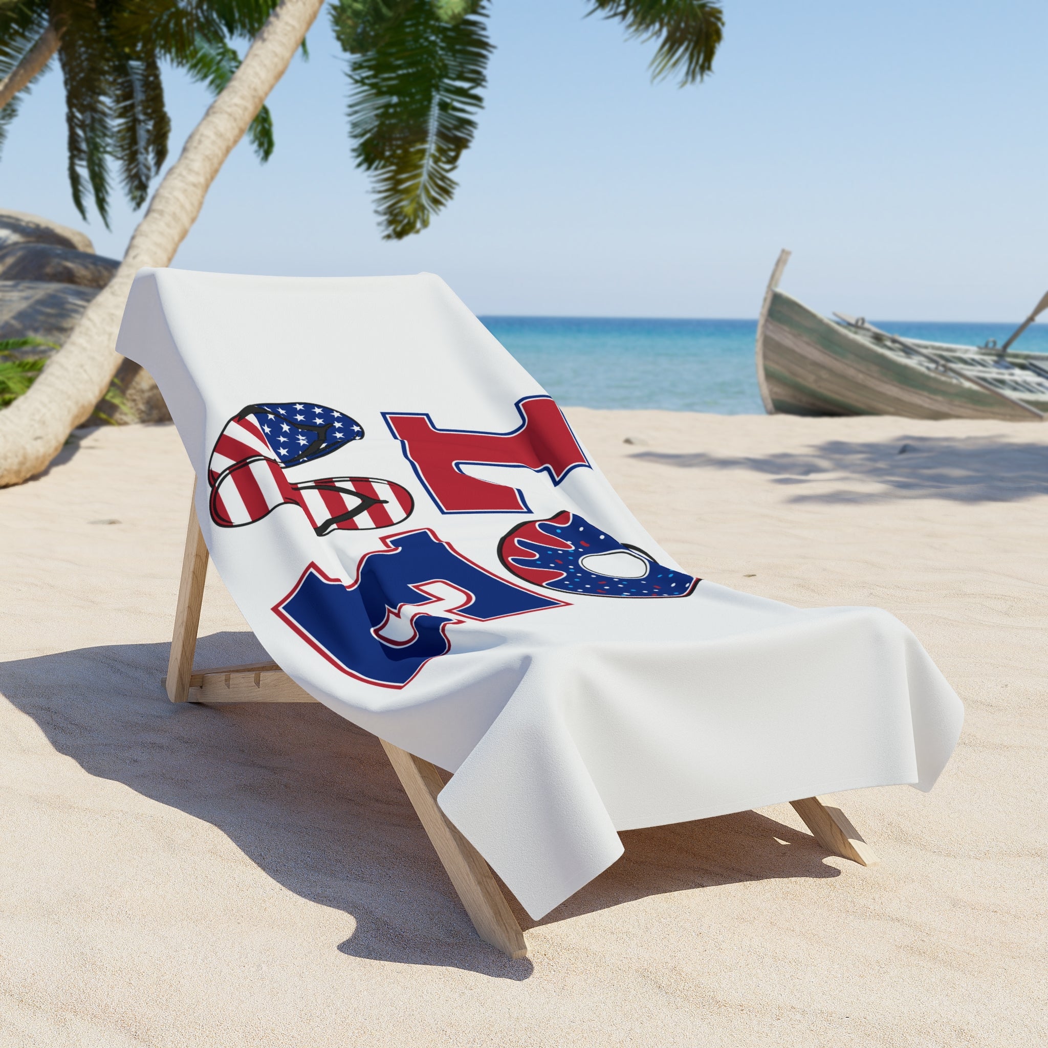 Patriotic "LOVE" Beach Towel – American Flag Flip-Flop & Donut Design