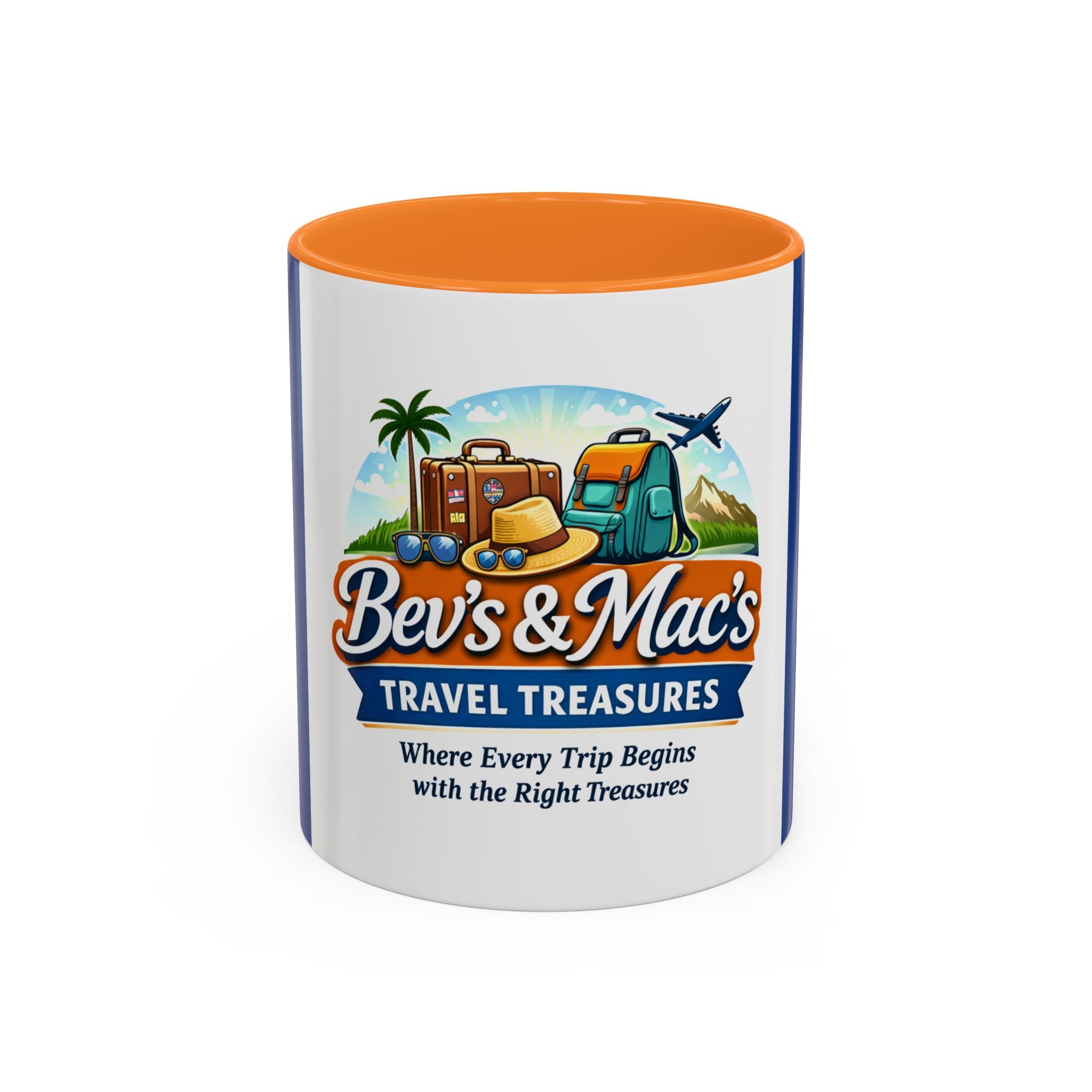 Travel Logo Mug — "Bev's & Mac's Travel Treasures" 11oz/15oz Colorful Ceramic Coffee Cup