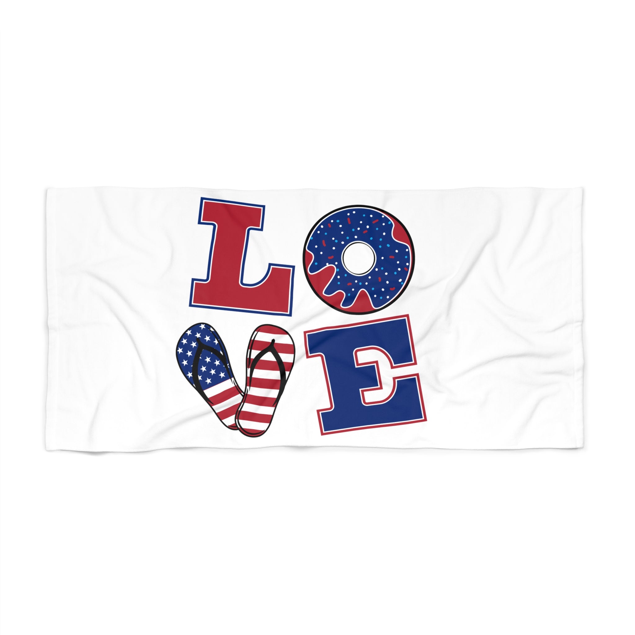 Patriotic "LOVE" Beach Towel – American Flag Flip-Flop & Donut Design