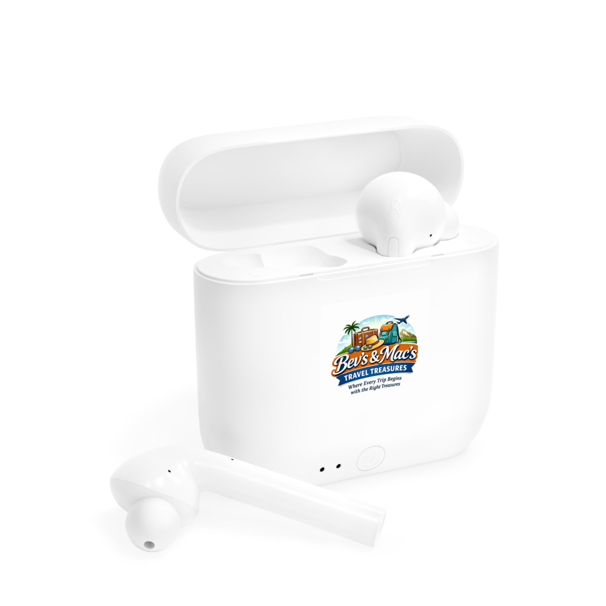 Wireless Earbuds with 'Bev's & Mac's Travel Treasures' Logo — Compact Charging Case