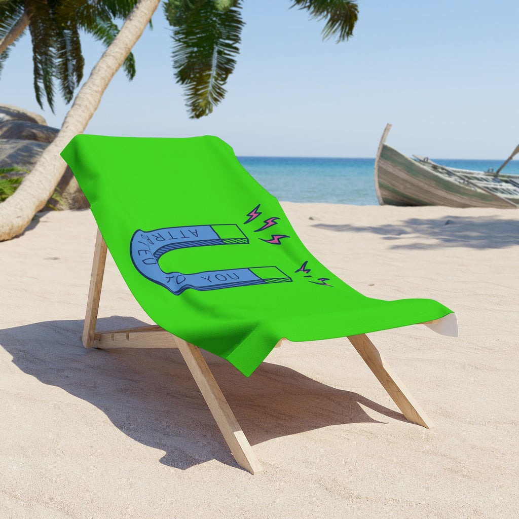 Beach Towel — "Attracted to You" Horseshoe Magnet Design (Neon Green)