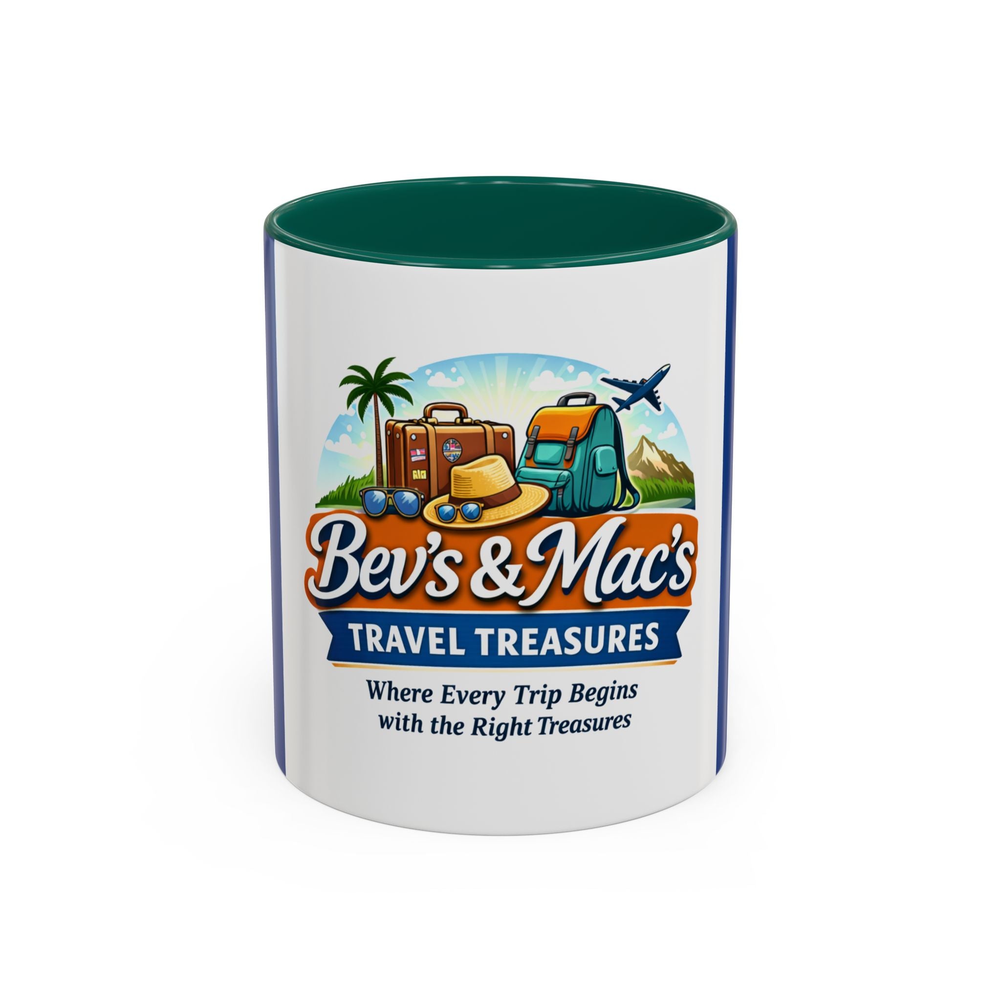 Travel Logo Mug — "Bev's & Mac's Travel Treasures" 11oz/15oz Colorful Ceramic Coffee Cup