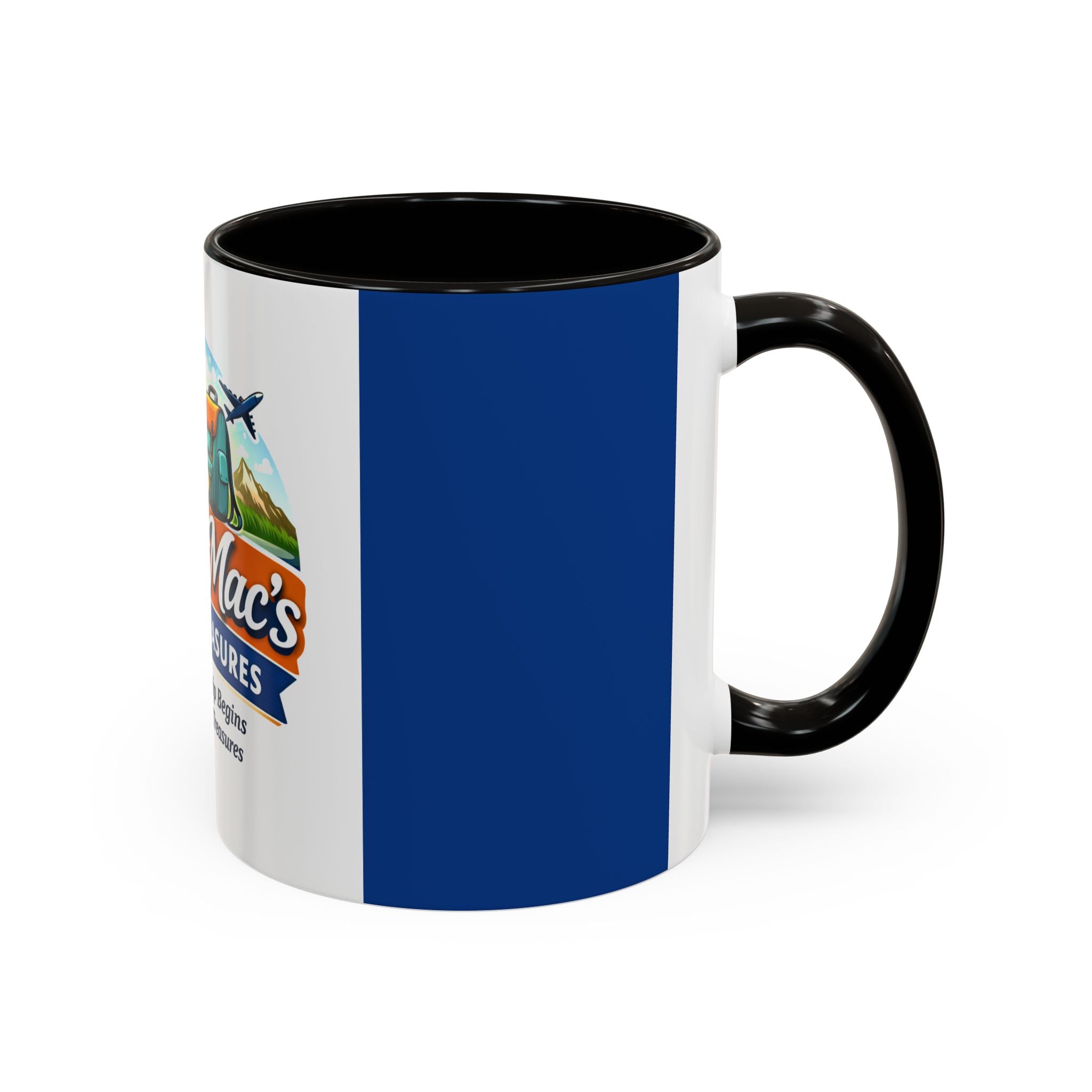 Travel Logo Mug — "Bev's & Mac's Travel Treasures" 11oz/15oz Colorful Ceramic Coffee Cup