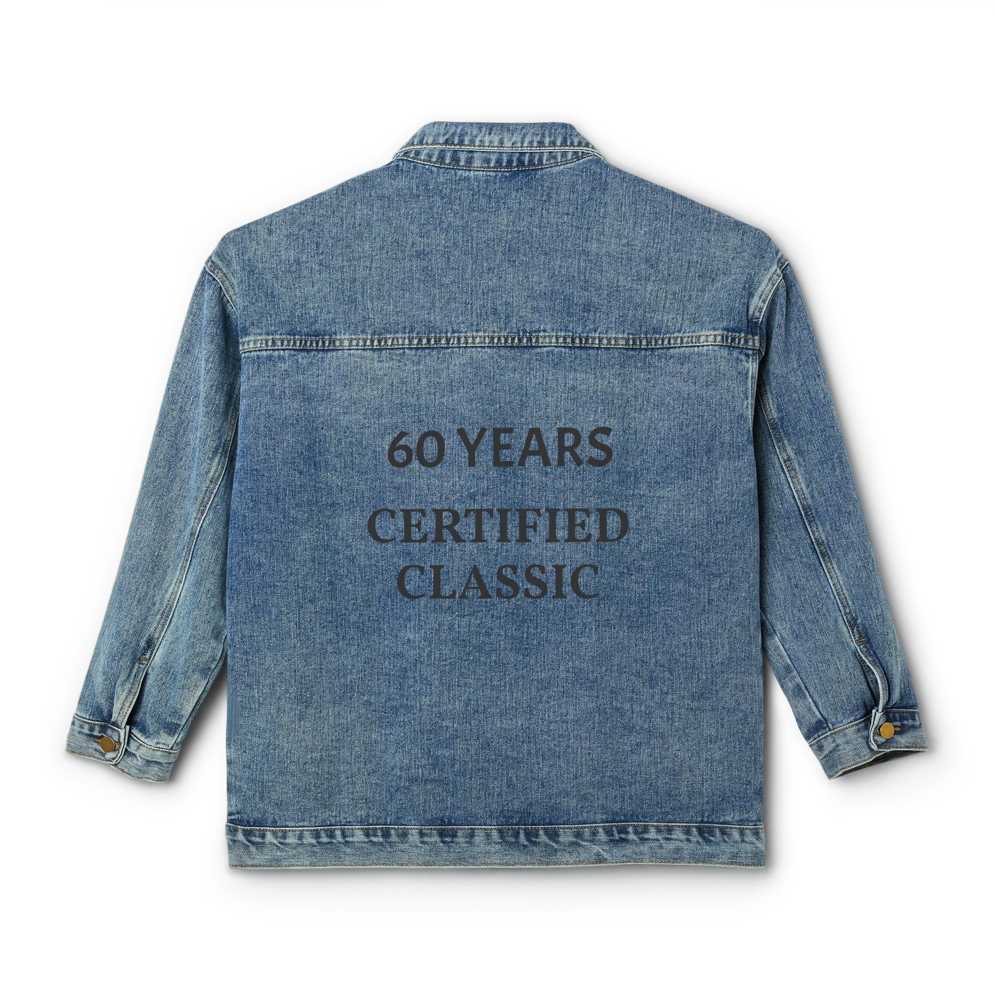 Denim Jacket — “60 Years Certified Classic” Back Print, Women's Vintage-Style Jean Jacket