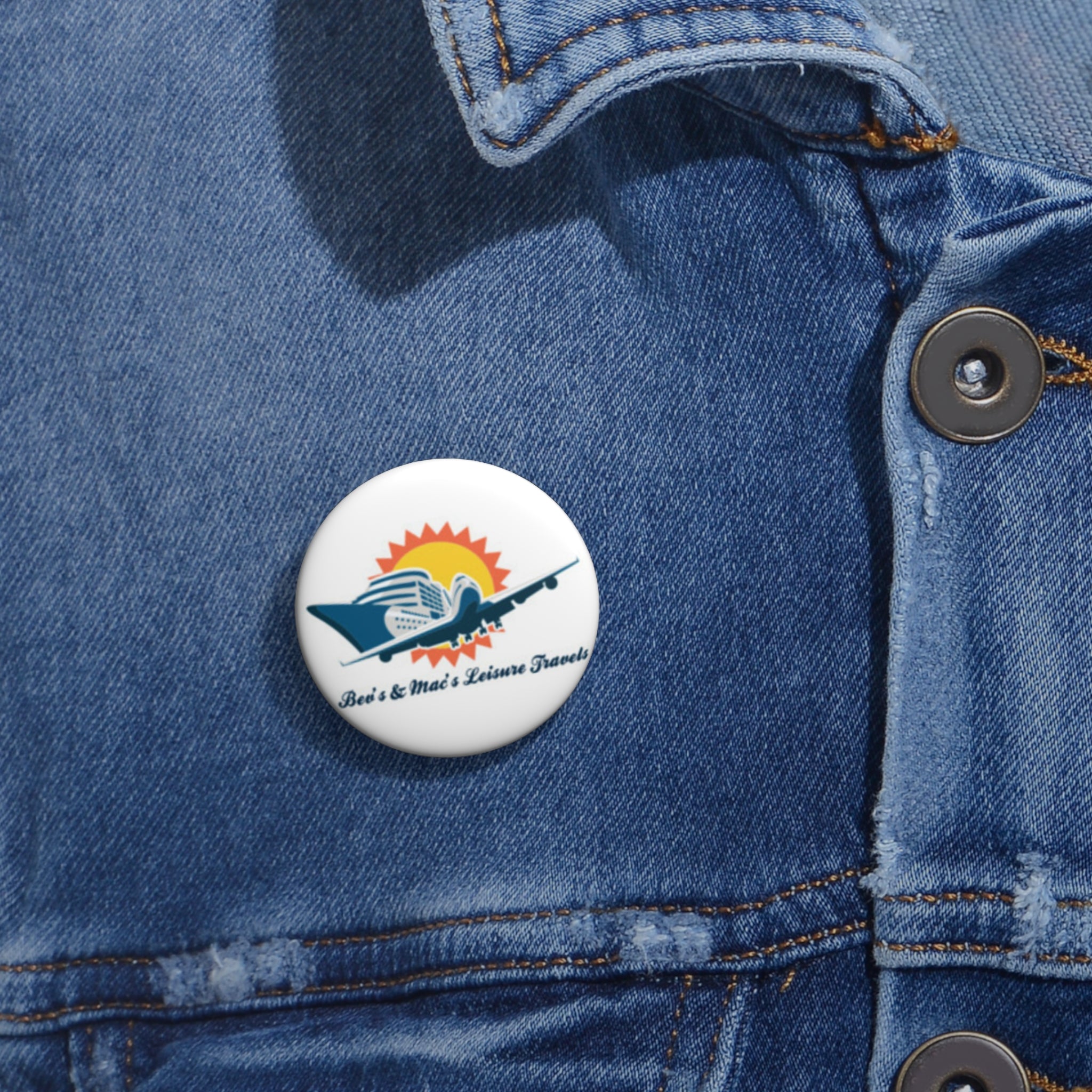 Travel Logo Pin Button — 'Bea's & Mac's Leisure Travels' Round Custom Badge