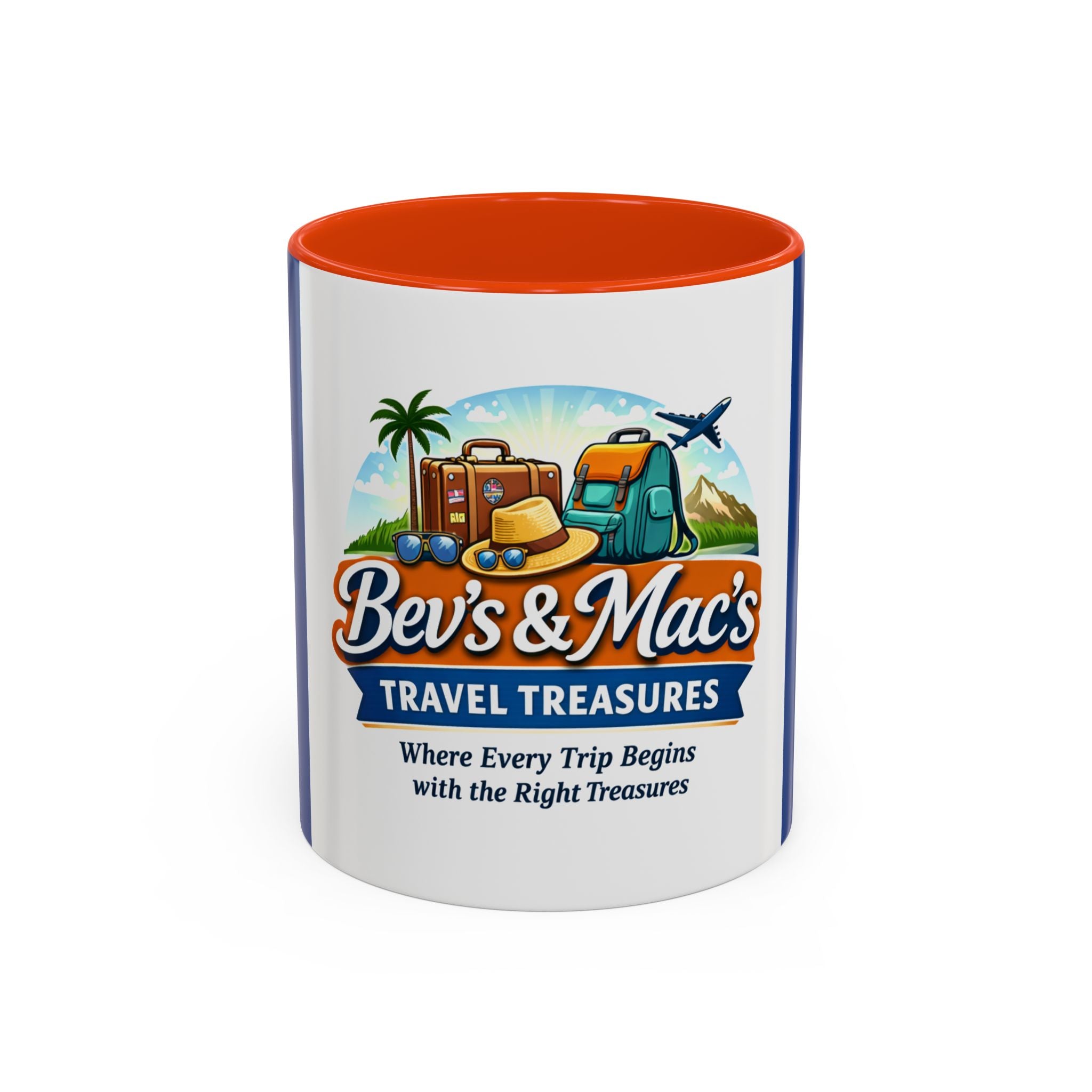 Travel Logo Mug — "Bev's & Mac's Travel Treasures" 11oz/15oz Colorful Ceramic Coffee Cup