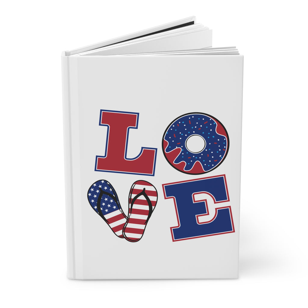 Patriotic 'LOVE' Hardcover Journal — Americana Donut & Flag Flip-Flop Design
