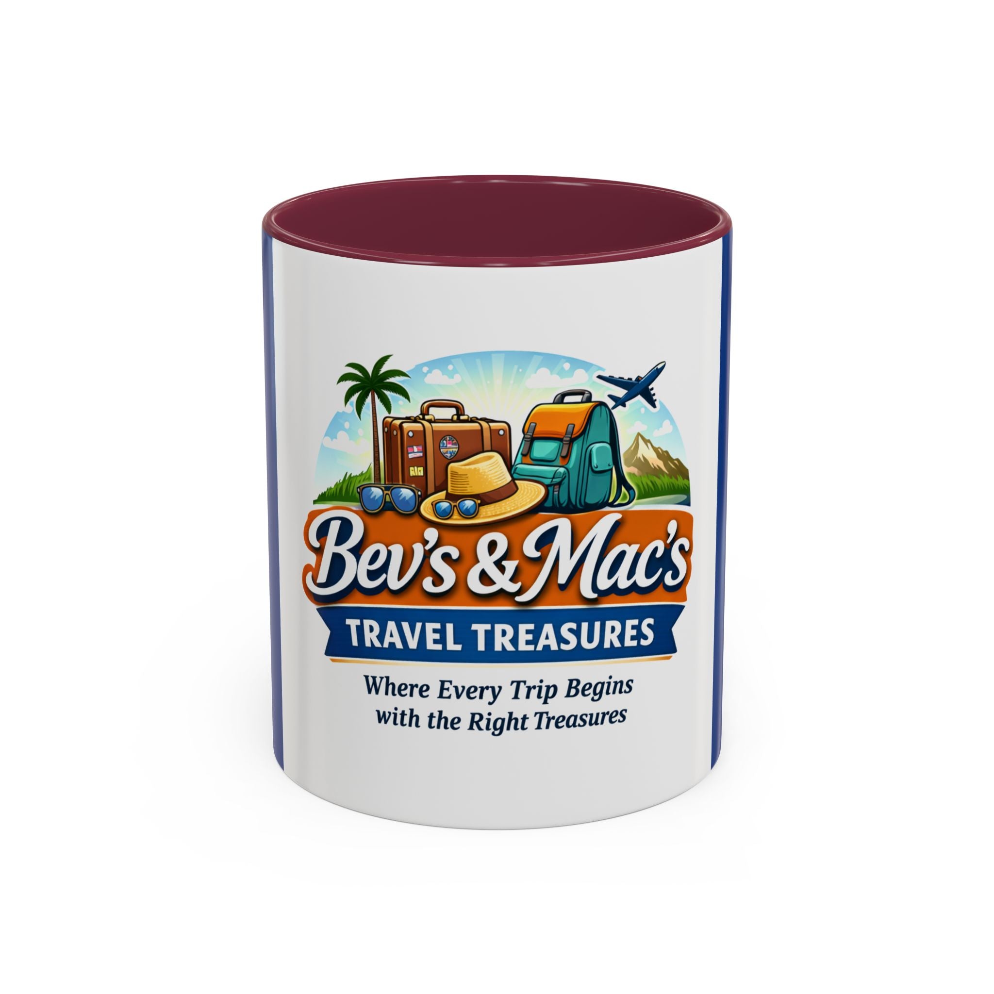 Travel Logo Mug — "Bev's & Mac's Travel Treasures" 11oz/15oz Colorful Ceramic Coffee Cup