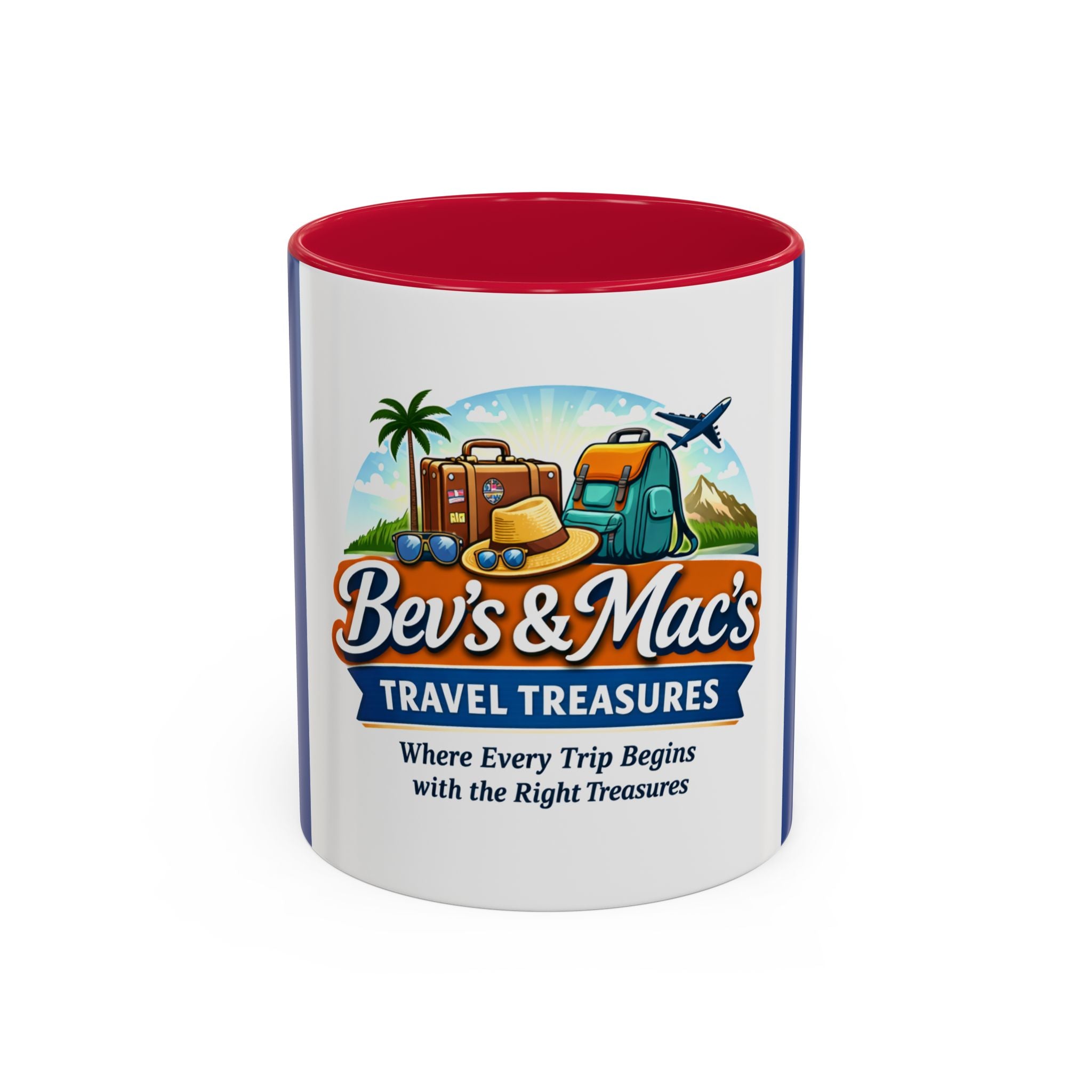 Travel Logo Mug — "Bev's & Mac's Travel Treasures" 11oz/15oz Colorful Ceramic Coffee Cup