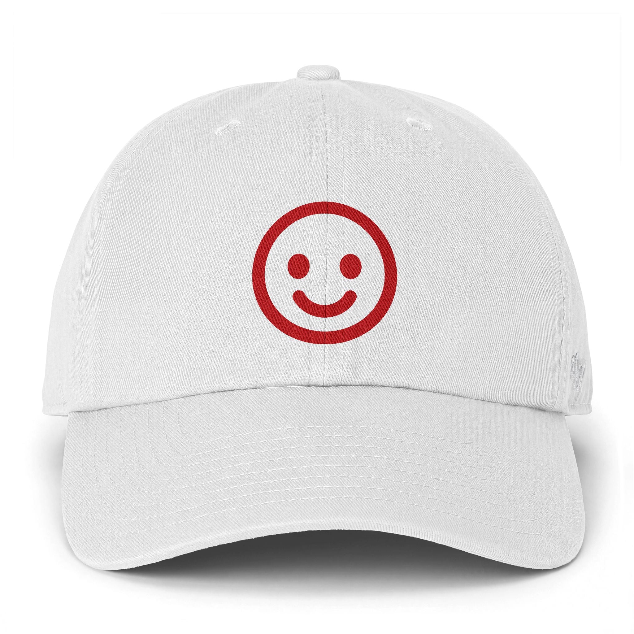 Smiley Face Cap — Red Embroidered Rustic Dad Hat