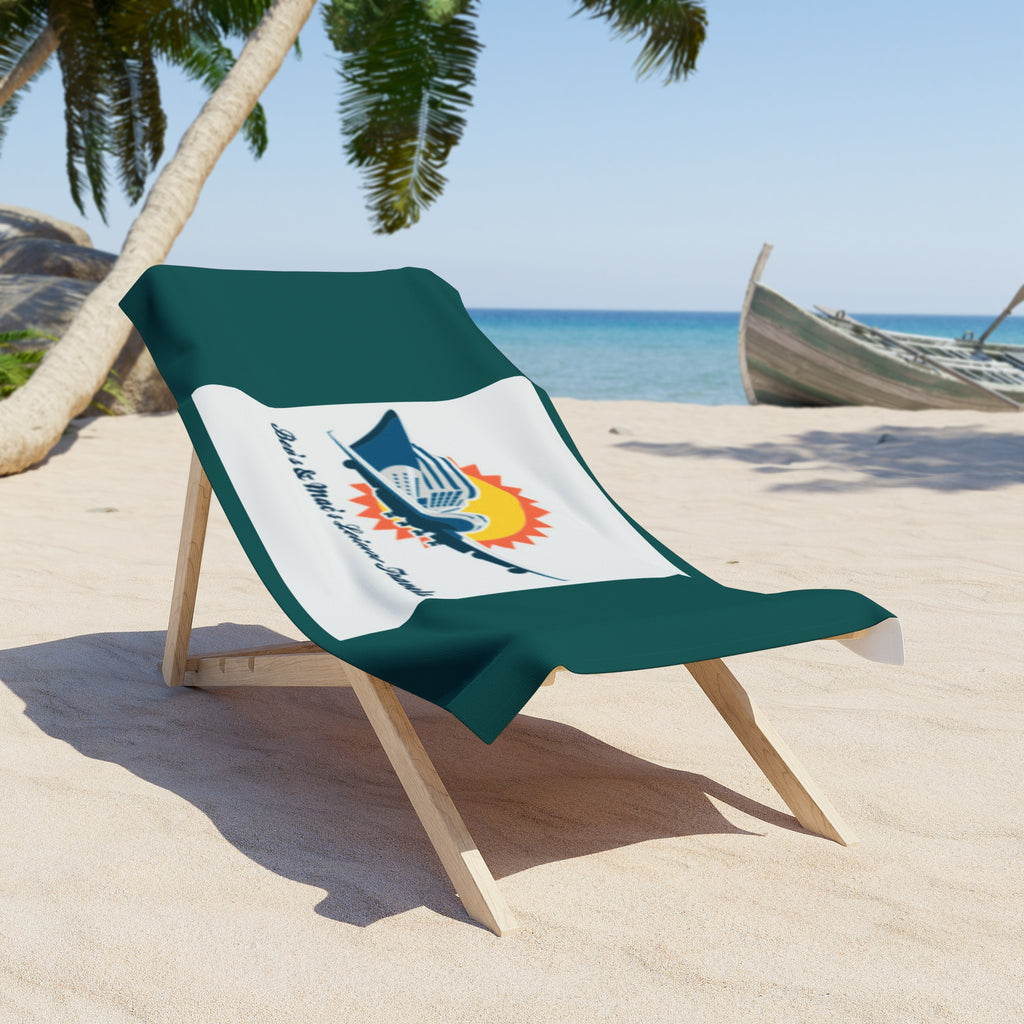 Beach Towel — Retro Travel Plane Logo "Bee's & Mac's Leisure Travels"