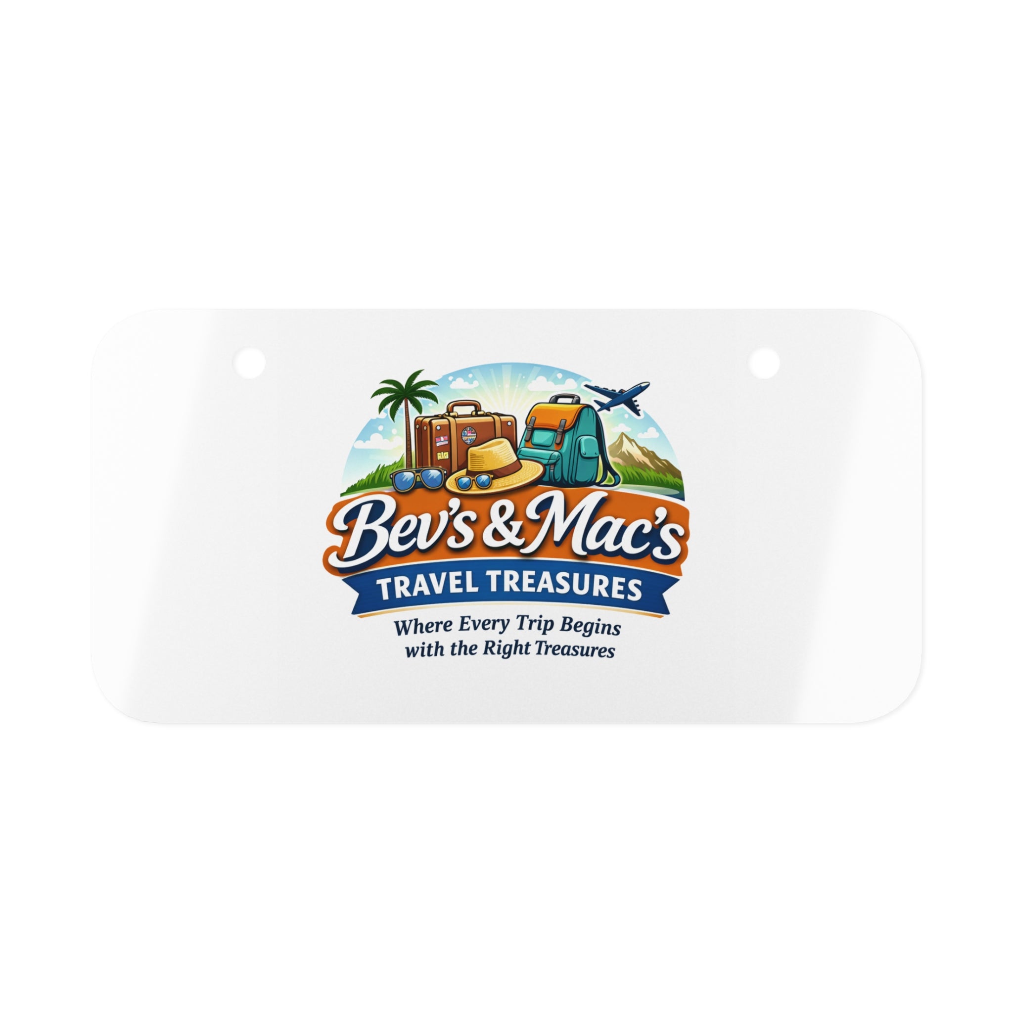 Bev's & Mac's Travel Treasures Mini License Plate – Travel Logo Keychain Ornament