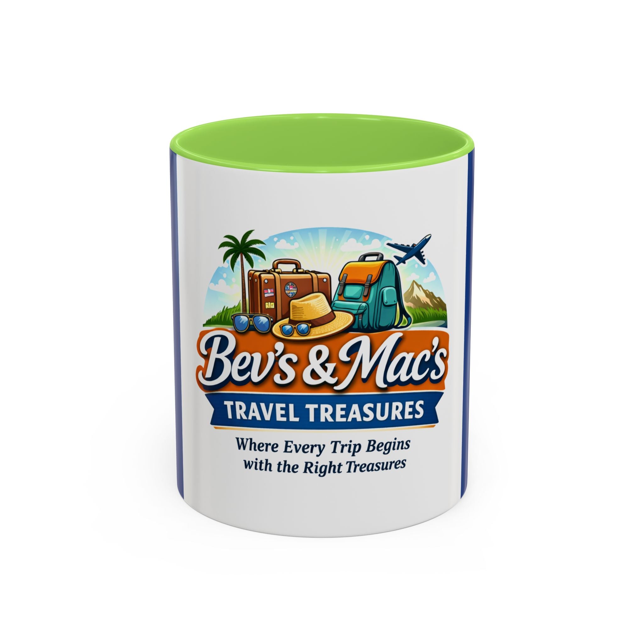 Travel Logo Mug — "Bev's & Mac's Travel Treasures" 11oz/15oz Colorful Ceramic Coffee Cup