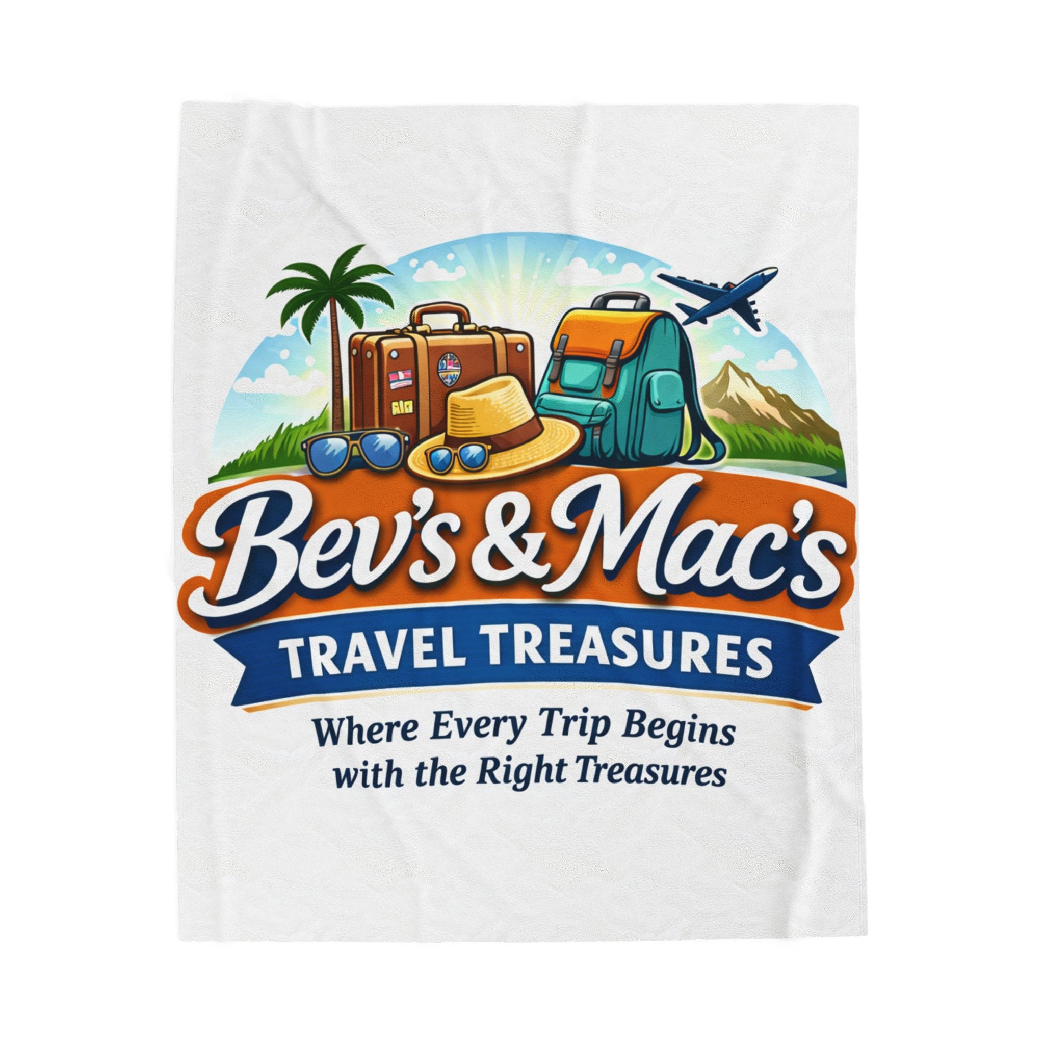 Travel Treasures Velveteen Plush Blanket — "Bev's & Mac's" Cozy Travel Logo Throw