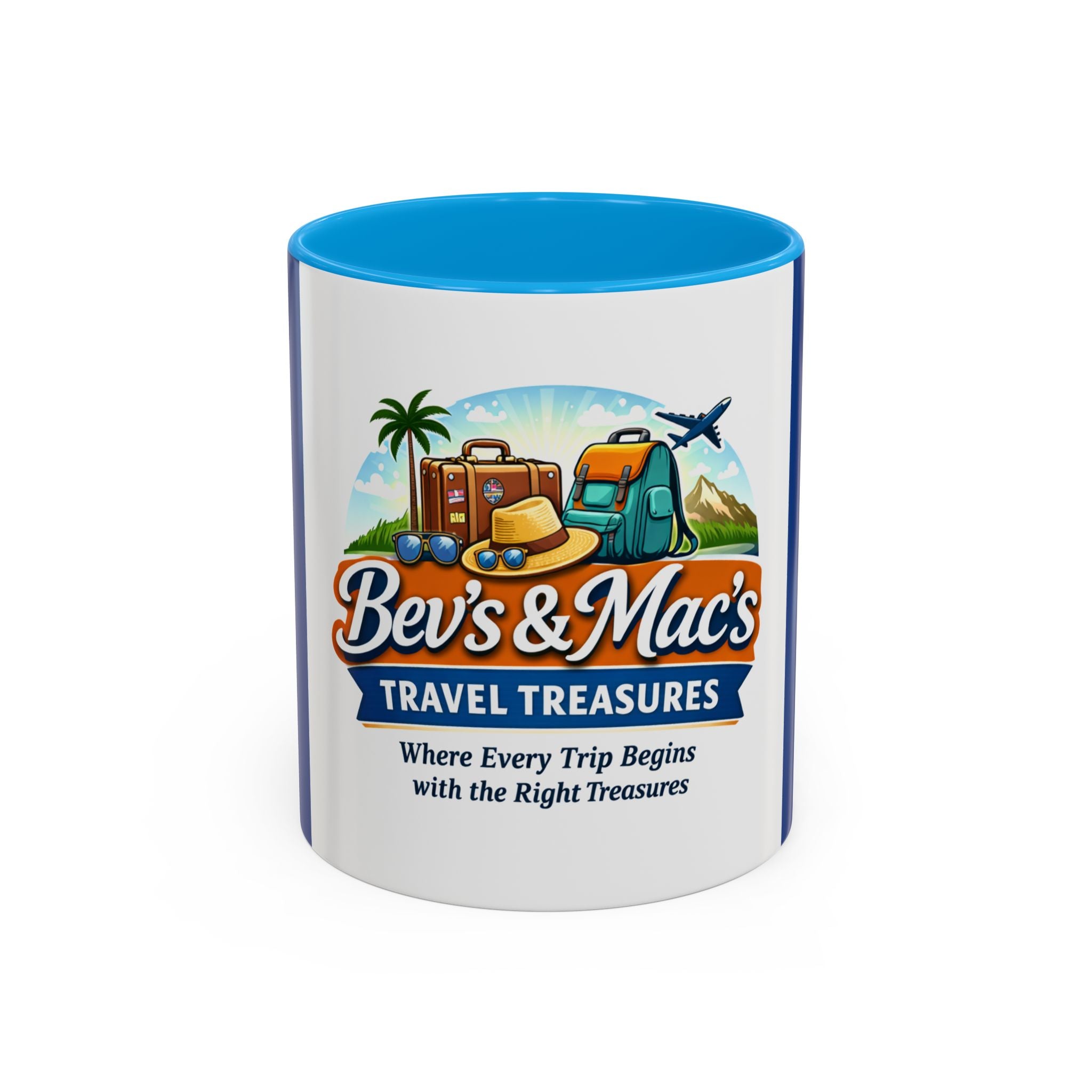 Travel Logo Mug — "Bev's & Mac's Travel Treasures" 11oz/15oz Colorful Ceramic Coffee Cup