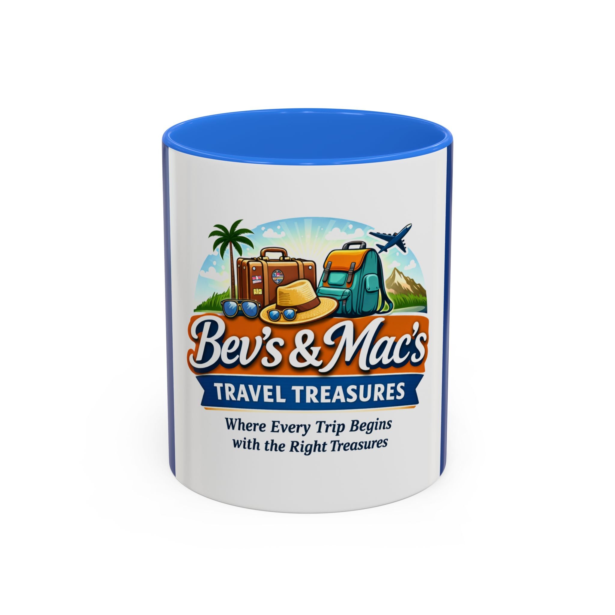 Travel Logo Mug — "Bev's & Mac's Travel Treasures" 11oz/15oz Colorful Ceramic Coffee Cup