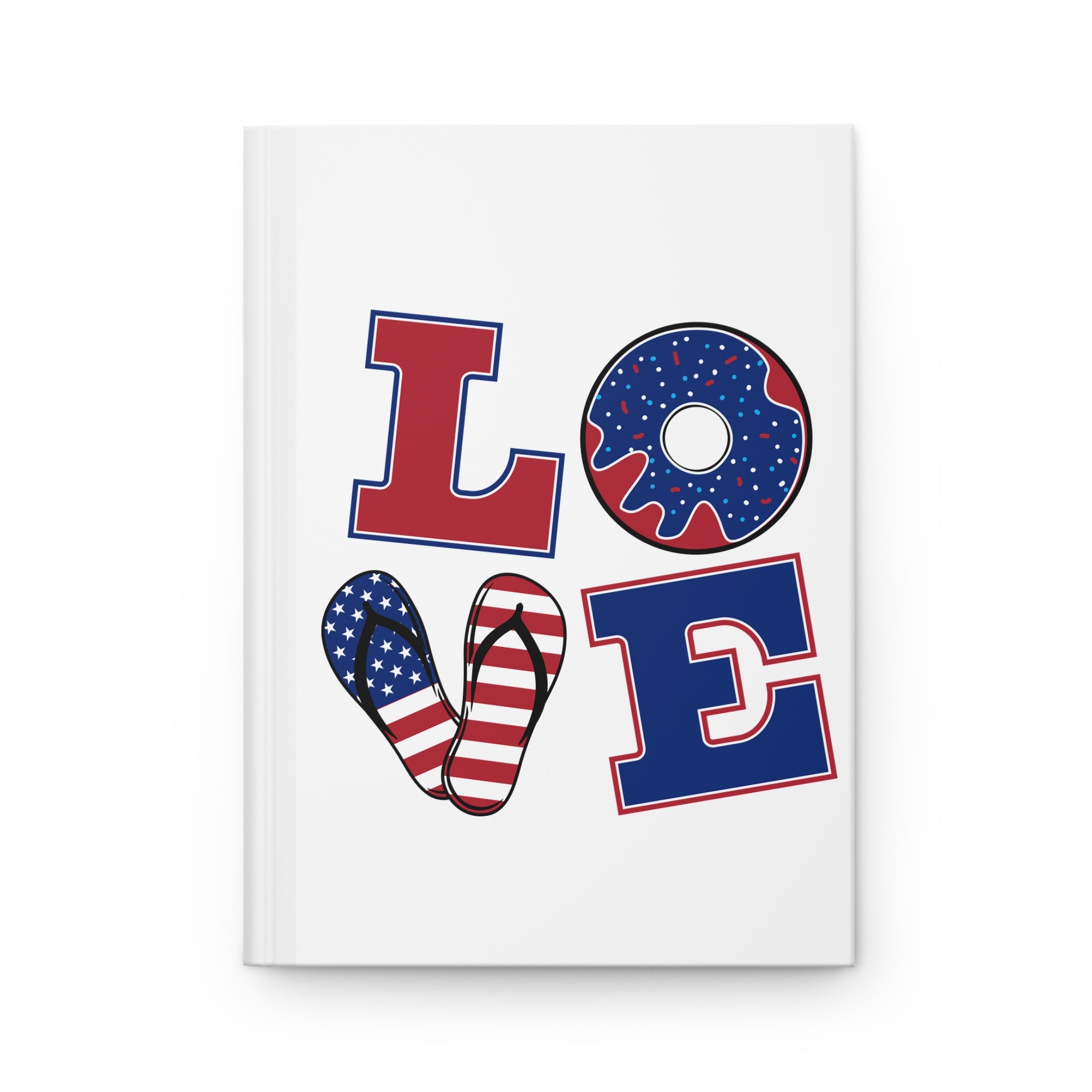 Patriotic 'LOVE' Hardcover Journal — Americana Donut & Flag Flip-Flop Design