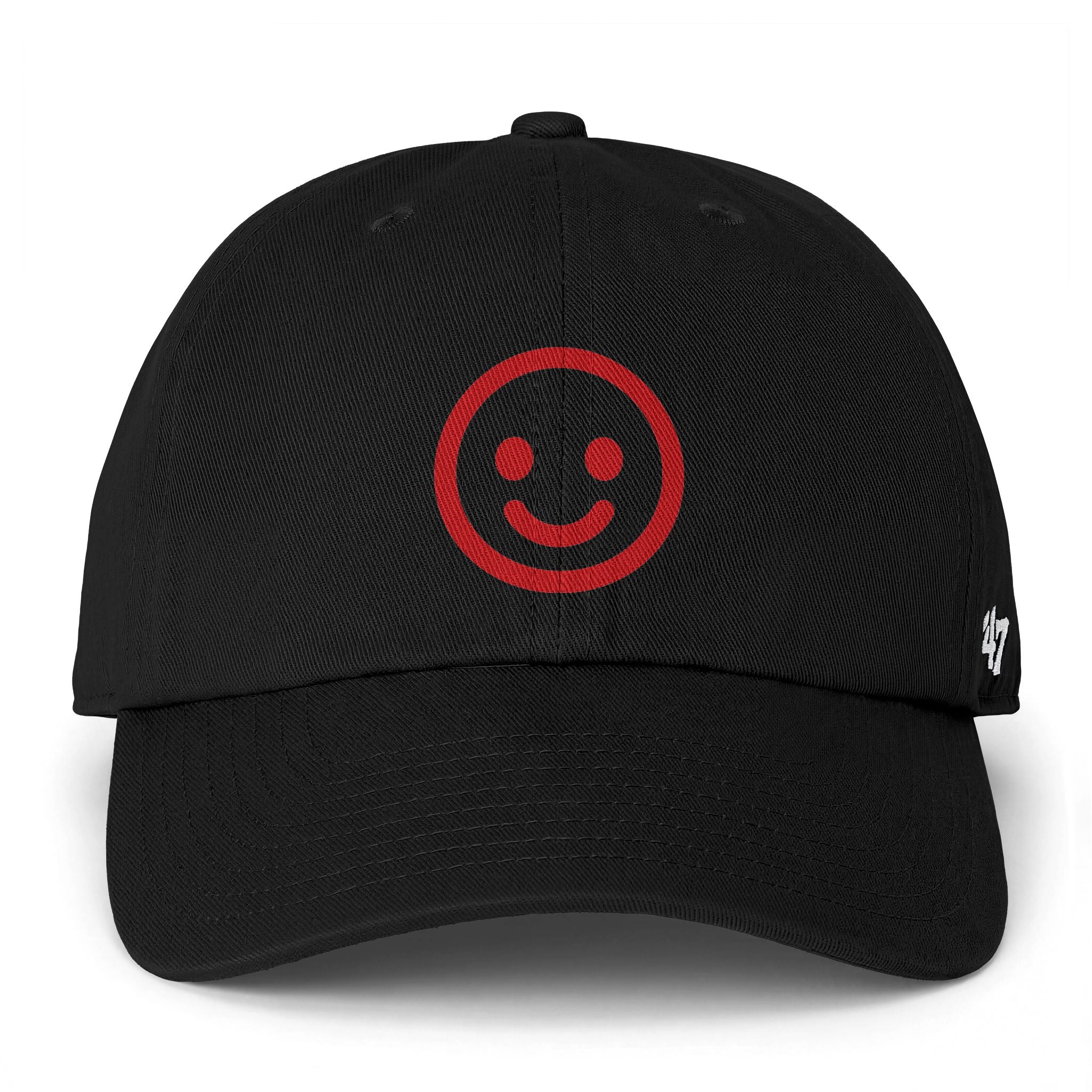 Smiley Face Cap — Red Embroidered Rustic Dad Hat