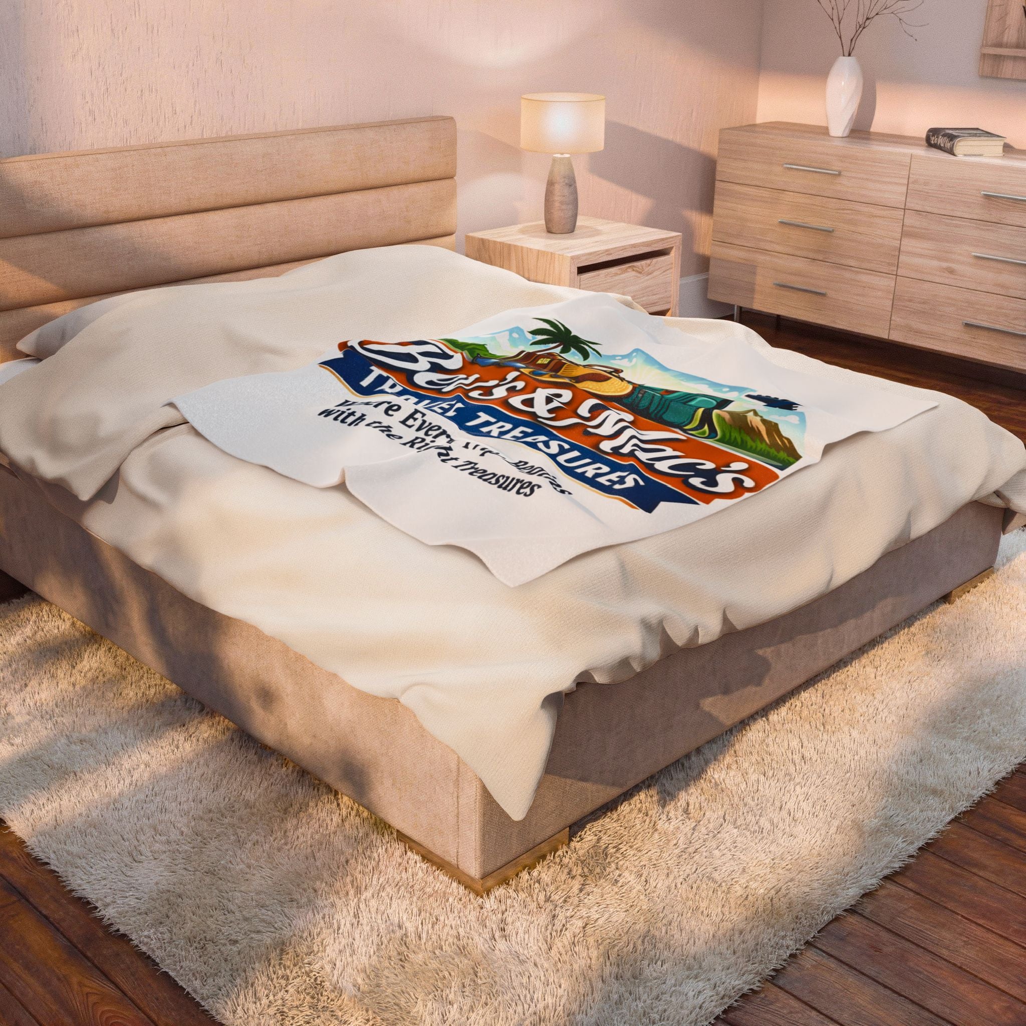 Travel Treasures Velveteen Plush Blanket — "Bev's & Mac's" Cozy Travel Logo Throw