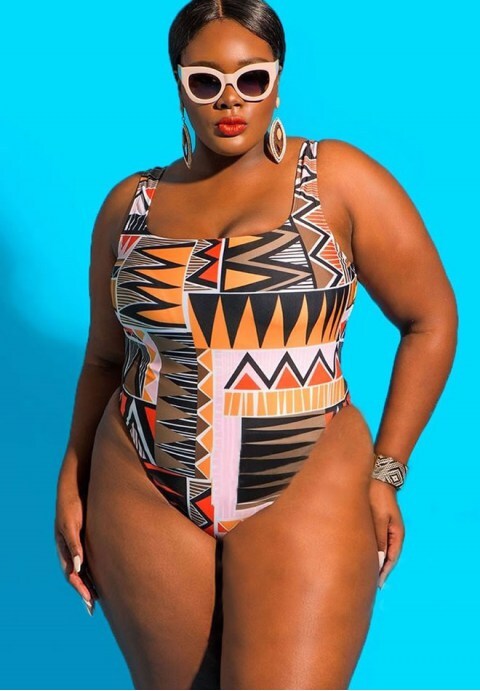 Plus Size Tribal Printed High Cut One Piece Swimsuit