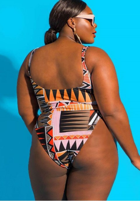 Plus Size Tribal Printed High Cut One Piece Swimsuit